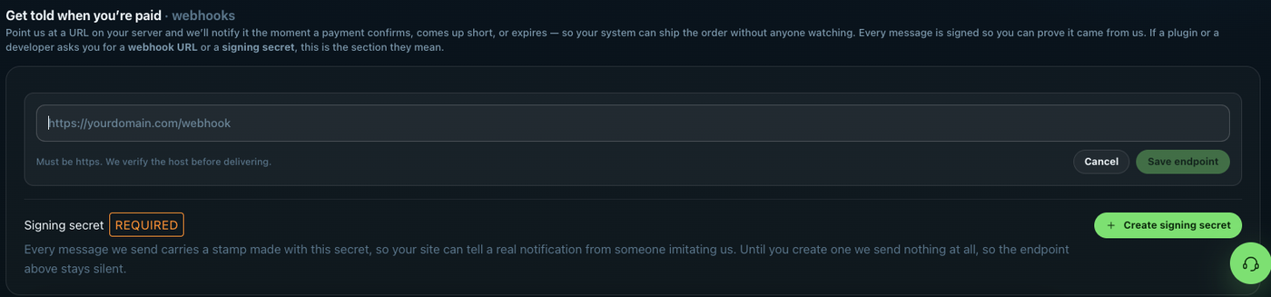 The Get told when you are paid section in PaySovra, showing the endpoint field and a Signing secret marked Required