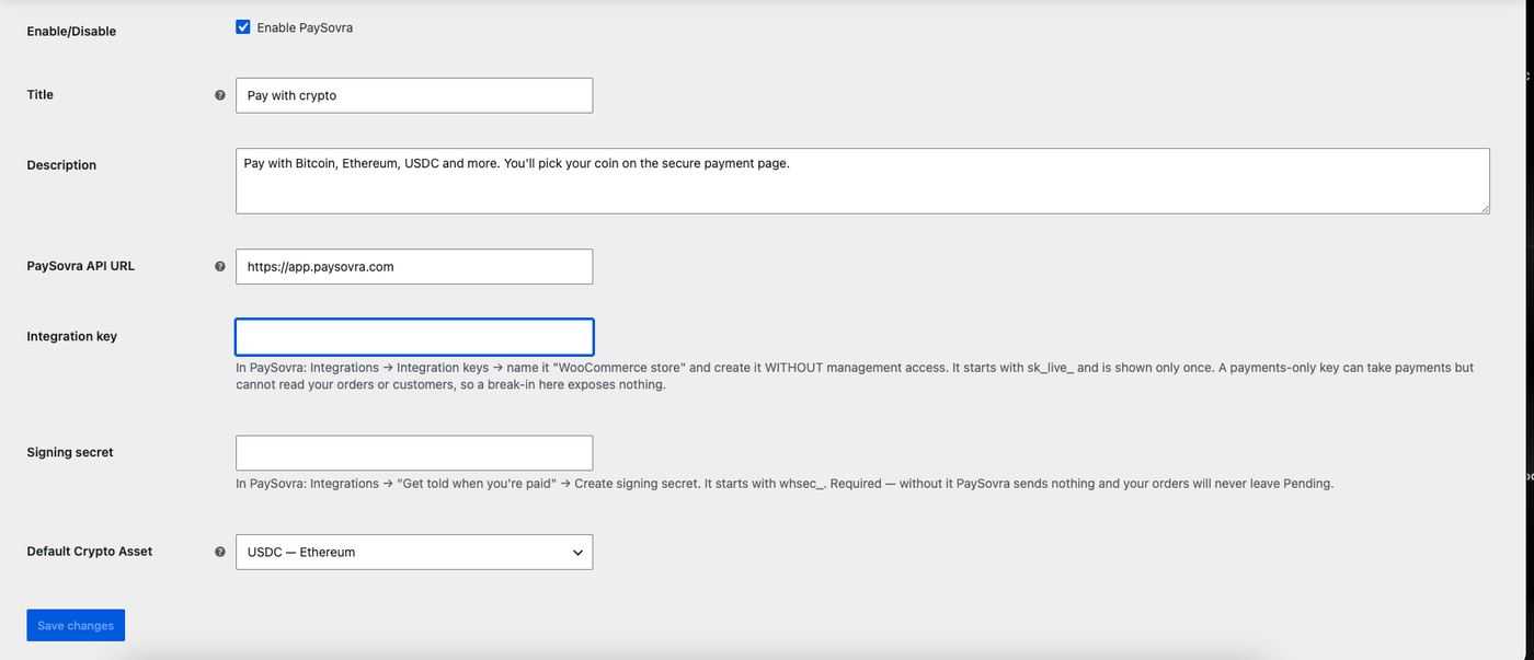 The PaySovra settings form in WooCommerce with fields for Integration key, Signing secret and Default Crypto Asset